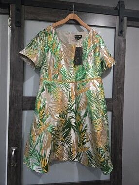 NWT Giovanna Signature Green Gold Shimmer Shiny A Line Botanical Size 16